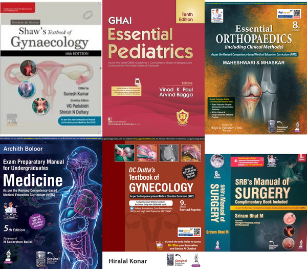 FINAL YEAR MBBS TEXTBOOK. SRB MANUAL 8TH EDITION, GHAI 10TH EDITION, MAHESWARI ORTHOPEADICS 8TH ETION, DUTTA OBSTETRICS 10TH EDTION, SHAW  GYNECOLOGY, GHAI PEDIATRICS 10TH EDITION