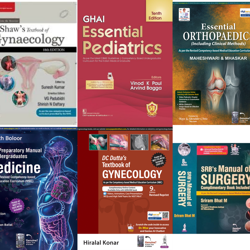 FINAL YEAR MBBS TEXTBOOK. SRB MANUAL 8TH EDITION, GHAI 10TH EDITION, MAHESWARI ORTHOPEADICS 8TH ETION, DUTTA OBSTETRICS 10TH EDTION, SHAW  GYNECOLOGY, GHAI PEDIATRICS 10TH EDITION