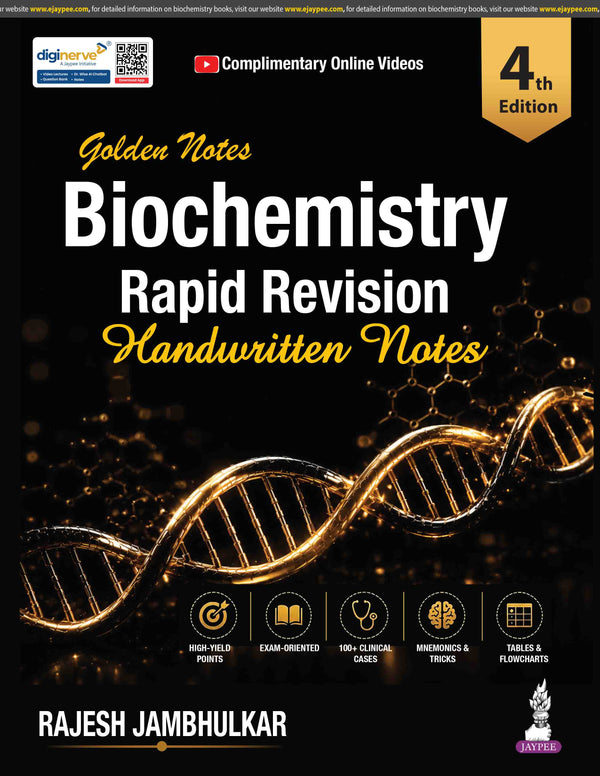 buy Golden Notes Biochemistry: Rapid Revision Handwritten Notes by Rajesh Jambhulkar – 4th Edition 2027, ISBN 9789309529887, Jaypee Publishers, 511 pages, Four Color Paperback
