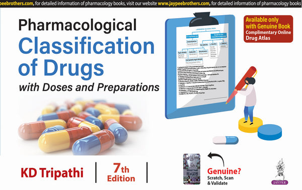 “Pharmacological Classification of Drugs with Doses and Preparations” – 7th Edition (2025), authored by KD Tripathi. Compact paperback with 270 color-printed pages, ideal for quick reference in pharmacology for students and medical professionals.