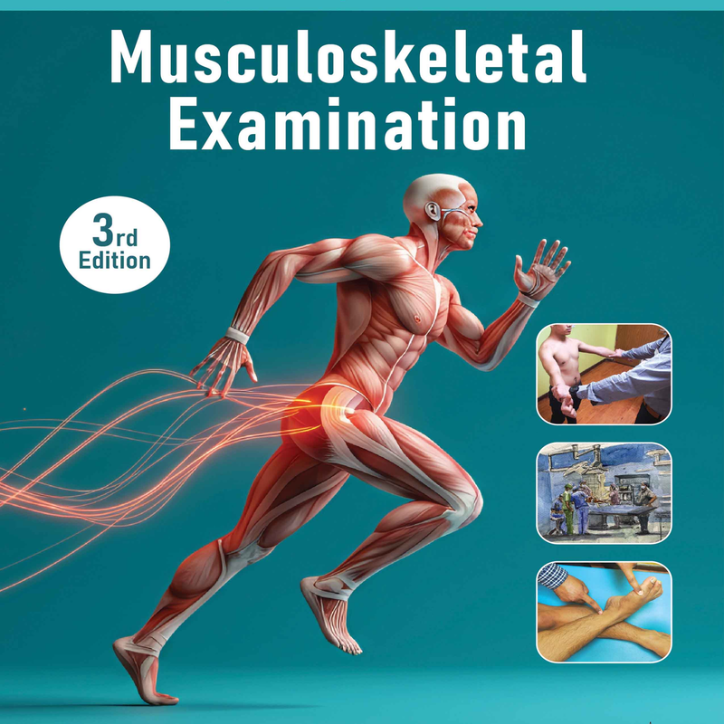 Musculoskeletal Examination 3rd Edition book cover by Vivek Pandey and Hitesh Shah, published by Jaypee Brothers. Features anatomical illustration of human muscular system in running motion on teal background, with clinical examination video thumbnails showing orthopedic assessment techniques. Includes QR code for accessing clinical examination videos. Foreword by Parag Sancheti.