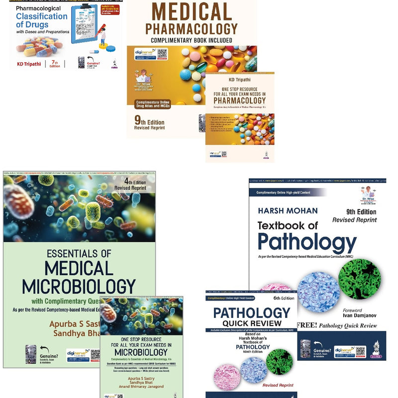 MBBS 2nd Year Combo – KD Tripathi Pharmacology + Drug Classification Handbook + Harsh Mohan Pathology (with Quick Review) + Apurba Sastry Microbiology | Latest 2025–26 CBME Editions