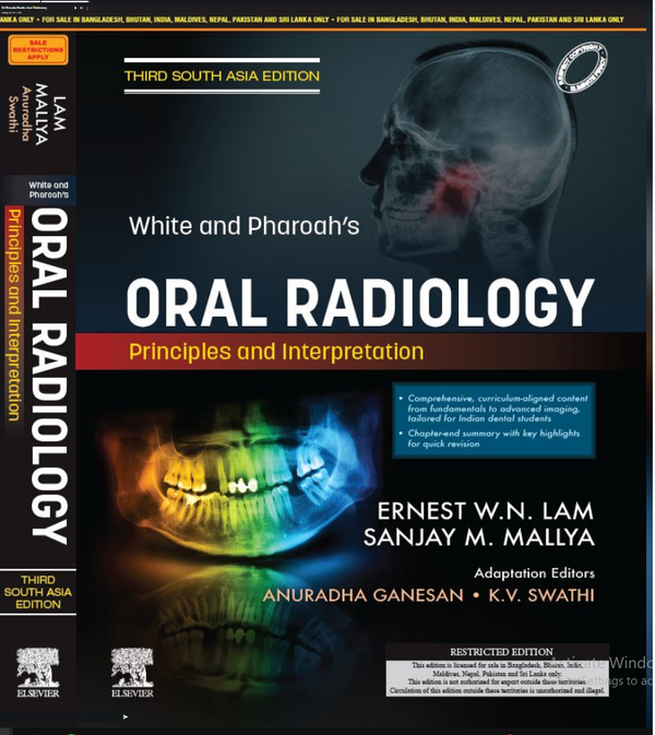 📚 Cover of “White and Pharoah’s Oral Radiology – Principles and Interpretation (Third South Asia Edition)” showing key features like AI in radiology, radiographic interpretation, and structured content for dental education 👩‍⚕️🦷🧠