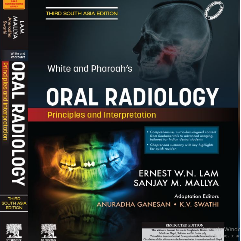 📚 Cover of “White and Pharoah’s Oral Radiology – Principles and Interpretation (Third South Asia Edition)” showing key features like AI in radiology, radiographic interpretation, and structured content for dental education 👩‍⚕️🦷🧠